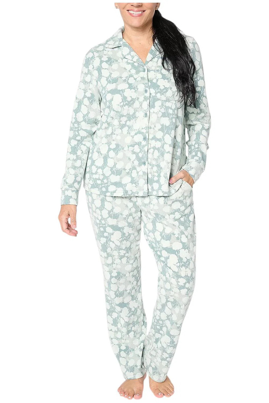 Berkshire Women's Homewear Mini Brushed Waffle Collar Pajama Green - Regular